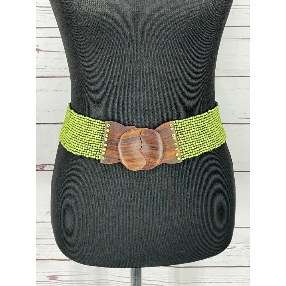 Vintage Elastic Lime Green Handmade Glass Beaded Wooden Clasp 70’s Boho Chic Sty